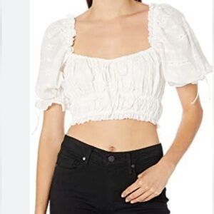 Rehab Lab White Puff Sleeve Crop Top Sz Medium Ruche Front Zip Back